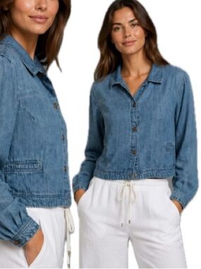 Citron Bleu Tencel Denim Shirt Jacket Womens Size M Button Front Cropped Shacket